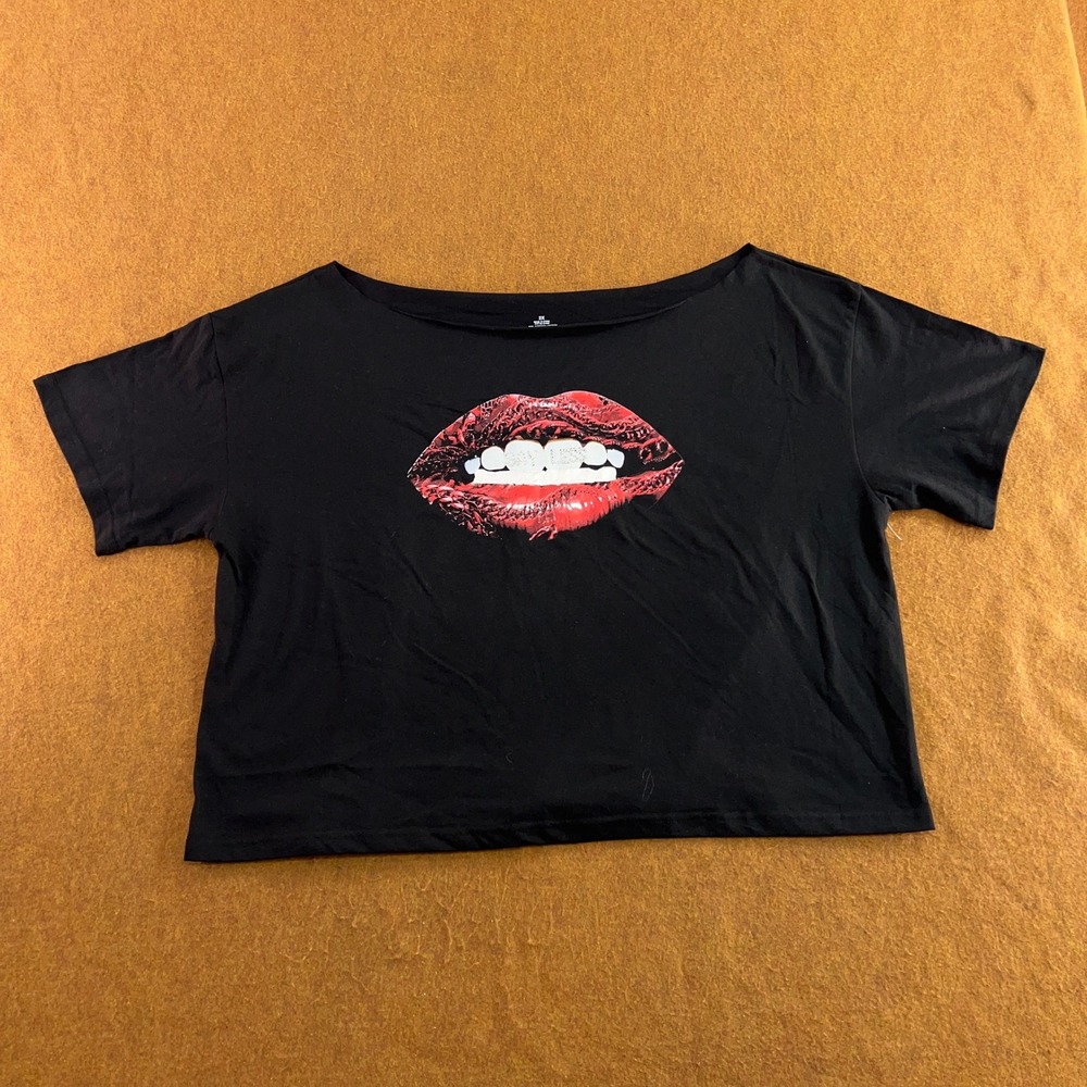 Unbranded Womens 2X Black Say Less Rhinestone Lips Graphic Crop Top T-Shirt New